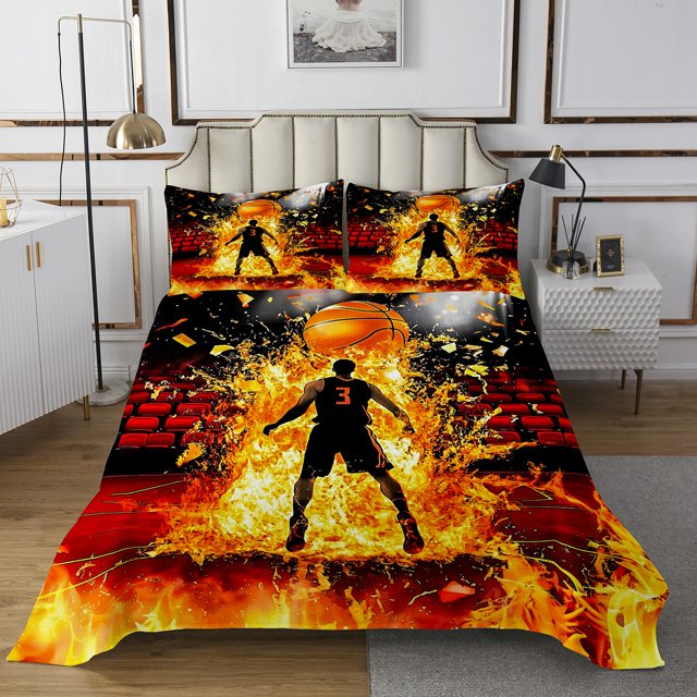 Erosebridal Basketball Player Silhouette Coverlet Set Twin, Fire Flame Print Bedding Set, 2pcs