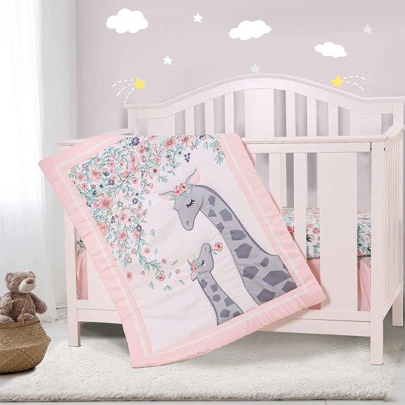 Sweet Baba Giraffe Pink Crib Bedding Set for Baby Girl, 3 PC Baby Nursery Bedding Sets Including Quilt/Crib Skirt/Crib Sheet