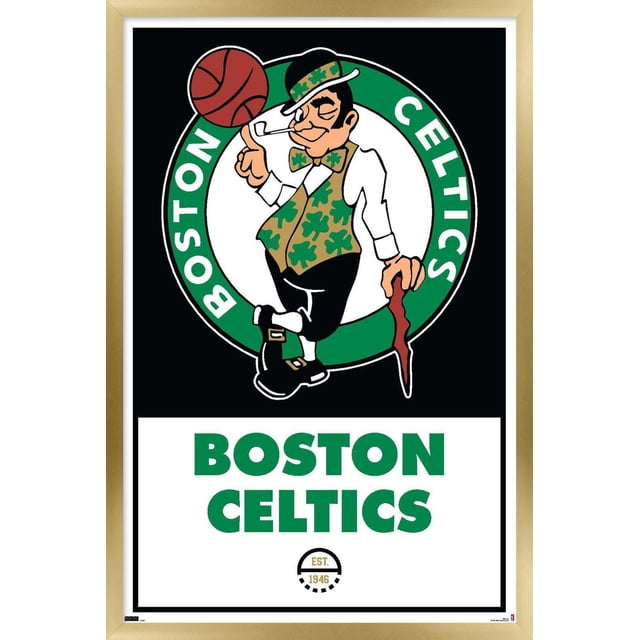 NBA Boston Celtics - Logo 21 Wall Poster, 14.725" x 22.375" featuring the Boston Celtics leprechaun mascot spinning a basketball on his finger inside a green circle with 'BOSTON CELTICS' text around it, with bold green 'BOSTON CELTICS' lettering below on a white background, framed in light wood, ideal for sports fan room or office decor.