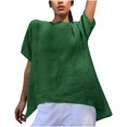 thumbnail image 1 of Besolor T-Shirts d'Été en Coton et Lin pour Femmes, Manches Courtes, Col Ras du Cou, Ourlet Hi-Lo, Hauts, Couleur Unie, Décontracté, Basique, Tee, Chemisiers, 1 of 6
