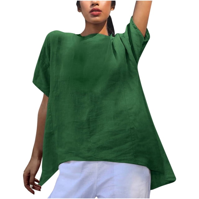 Besolor T-Shirts d'Été en Coton et Lin pour Femmes, Manches Courtes, Col Ras du Cou, Ourlet Hi-Lo, Hauts, Couleur Unie, Décontracté, Basique, Tee, Chemisiers