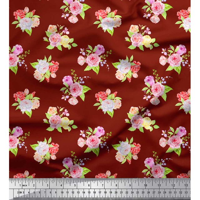 Soimoi Red Cotton Voile Fabric Leaves & Grandiflora Roses Floral Printed Craft Fabric by the Yard 42 Inch Wide
