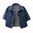 thumbnail image 1 of VKOYWKM Womens Short Sleeve Denim Jacket Colloared Button Down Stretch Denim Jacket Fall Short Shawl Distressed Cropped Jean Jacket with Pockets, 1 of 6