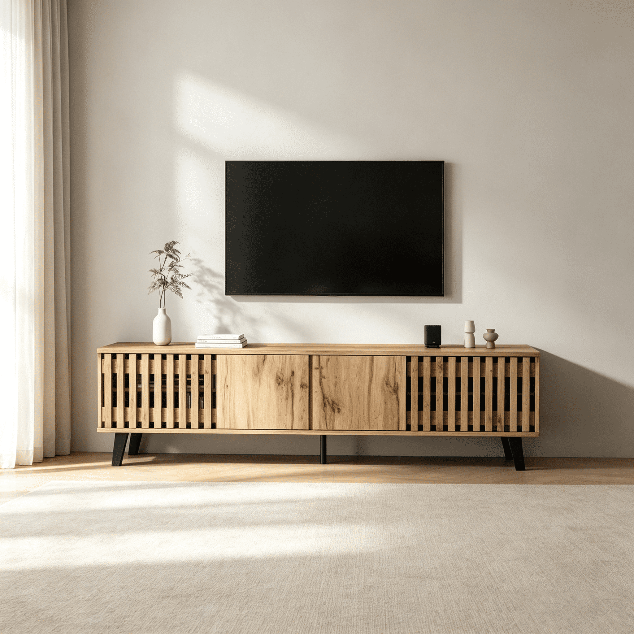 Homy Casa 65" Fluted Mid-Century TV Stand with 4 Doors and 8 Shelves for 32–65" TVs, Natural Wood