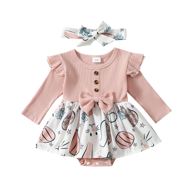GPOECD Girls Long Sleeve Easter Rabbit Prints Romper Ribbed Bodysuits Dress Headbands Set Long Sleeve Rompers for Red-I,6-9 Months