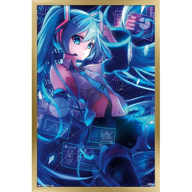 Hatsune Miku - Affiche Murale d'Écrans, 22,375 Pouces x 34 Pouces Représentant Hatsune Miku avec de Longues Queues Jumelles turquoise et une Tenue Futuriste Lumineuse, Entourée d'Écrans Holographiques Flottants Montrant des Données et des Cartes, sur un Fond Cosmique Étoilé, Convient à la Décoration Murale de Chambre à Thème Anime Ou de Bureau.
