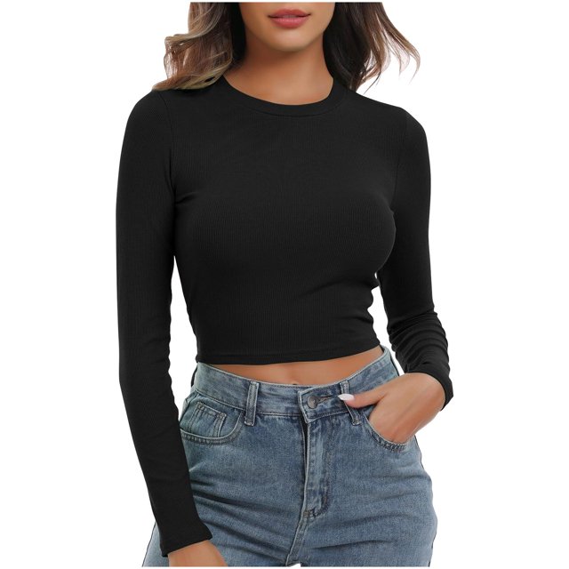 Timegard Womens Tops Ribbed Crewneck Long Sleeve Slim Comfy Tee Casual Crop Tops Bottom Blouse Fall
