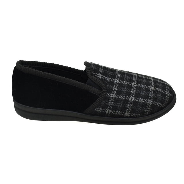 GEORGE Pantoufle de Confort pour Homme Profil Latéral d'Une Chaussure Décontractée pour Homme à Tige Basse avec Dessus en Tissu à Carreaux Noir et Gris, Talon Noir Uni et Garniture de Col, et Semelle en Caoutchouc Noire, Conçue pour un Usage Intérieur Décontracté et Convenant comme Chaussures de Maison Confortables.