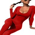thumbnail image 2 of Combinaison Longue pour Femmes, Couleur Unie, Manches Longues, Col en U, Justaucorps Ajusté, 2 of 7