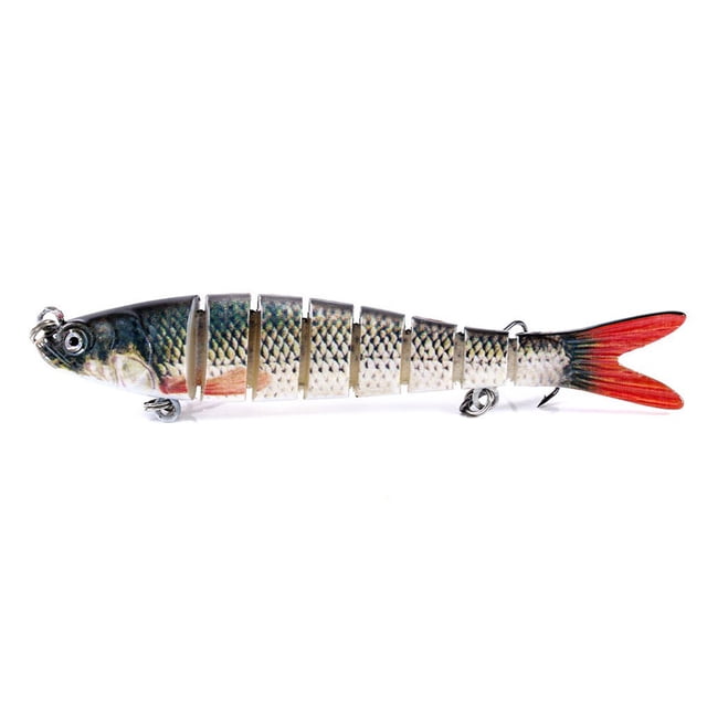 Agiferg 1PC Fishing Lures 10CM Plastic Hard Bass Baits designed as a segmented fish-shaped hard bait with lifelike scales, 3D eyes, and a red tail. Made of durable PVC and stainless steel, it offers smooth diving action and bright colors to attract fish. Ideal for fishing enthusiasts seeking effective hard baits.