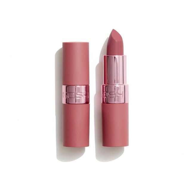 GOSH - Luxury Rose Lips - 002 Romance lipstick in muted rose pink with matte pink casing and metallic pink band embossed with GOSH logo, offering vegan, moisturizing, semi-matte lip color with lasting comfort, also suitable for precise lip contouring.