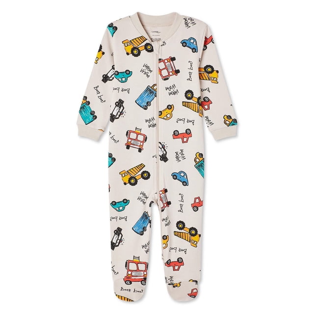 George Dormeuse Imprimée pour Bébé Garçon en beige Pâle 100 % Coton avec Imprimés de Véhicules Colorés Incluant Voitures, Camions et Camions de Pompiers, avec Manches Longues, Poignets Côtelés, Encolure Ronde, Fermeture Éclair Intégrale et Pieds de Lit Attachés avec Antidérapants pour un Déplacement Sécuritaire.