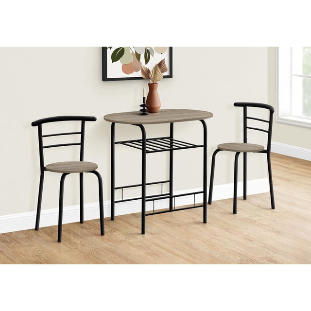 Monarch Specialties Dining Table Set, 3pcs set with a 32-inch oval table featuring a brown laminate top and black curved metal legs, paired with two black metal ladderback chairs with round brown laminate seats, suitable for small kitchens or breakfast nooks.