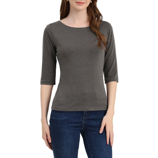 INSPIRE CHIC Hauts pour Femmes Manches au Coude Encolure Bateau Coupe Ajustée T-Shirt Classique Décontracté Gris TG