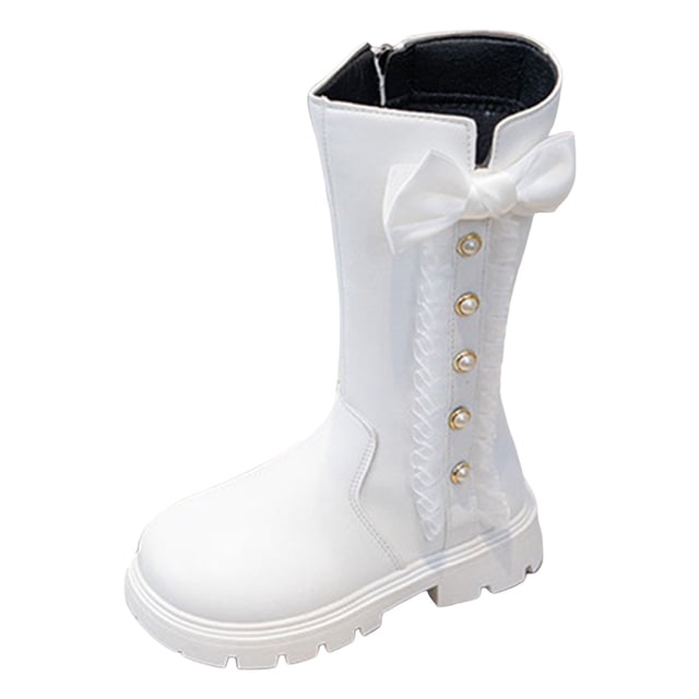 Curenmufel Riding Boots for Girls Girl's Rhinestone Round Toe Knee High Chunky Low Heel Boot Size 12 (White,Little Kids 12)
