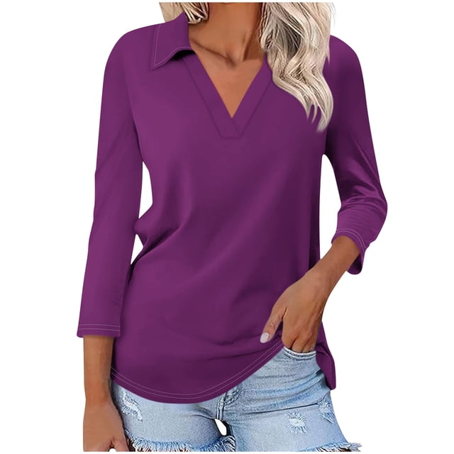 Hot6sl Économies d'Été Liquidation Blouse & Chemise à Manches Courtes Col Rabattu, T-shirt Assorti pour Femmes Col en V Col Rabattu Manches 3/4, Haut en polyester pour Femmes/bleu Foncé, TG