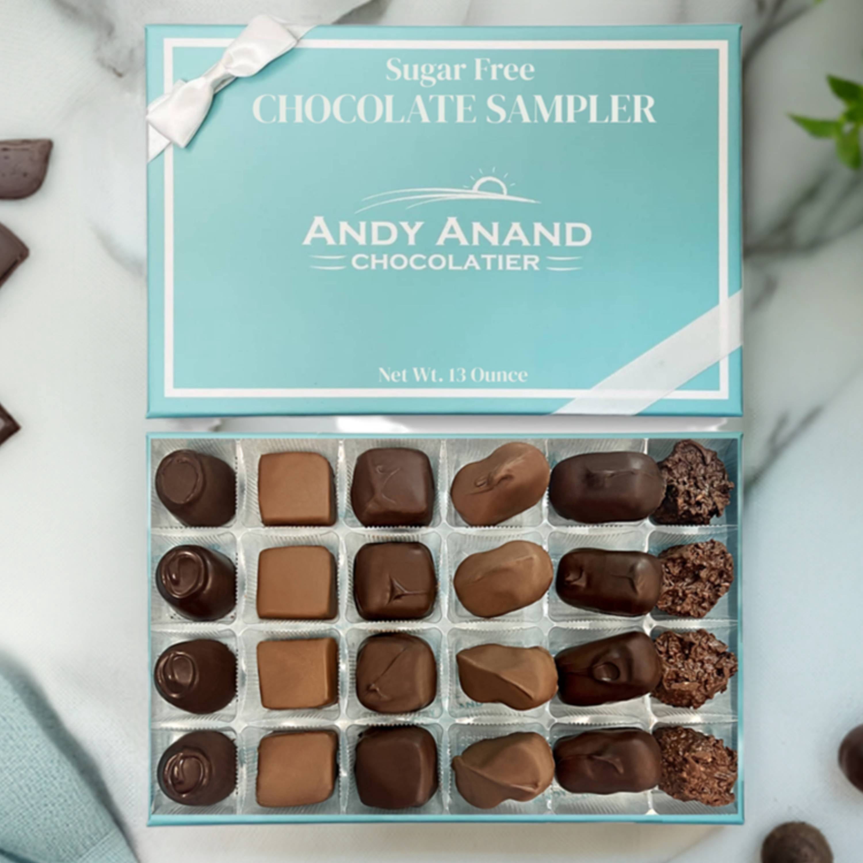Andy Anand Sugar Free Chocolate Sampler of Finest Caramels, English Toffees & Clusters Gift Boxed (1 lbs), Shipped 2nd Day Air