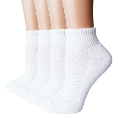 Women’s 4-Pack Low Cut Ankle Athletic Socks, Moisture Wicking Cushioned Cotton Sports Socks, Breathable Comfort Casual Running Socks, White, One Size