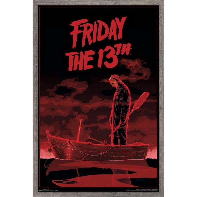 Friday The 13th - Boat Wall Poster, 22.375" x 34", depicts a masked figure standing in a wooden rowboat holding a paddle against a red and black cloudy sky, printed on glossy poster paper with a grey wood frame, suitable for home décor or themed party decoration.