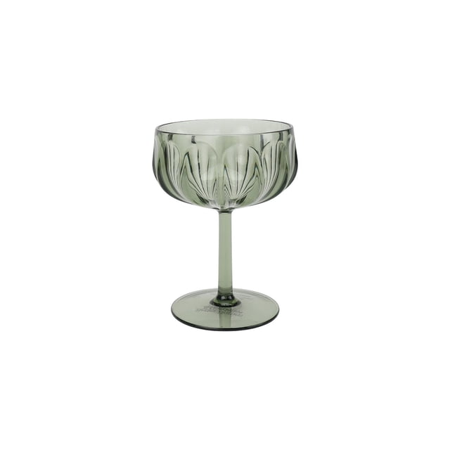 Better Homes & Gardens Tritan Plastic Coupe Glass Green Set, 13.5oz 4pc showing a single green coupe glass with a fluted bowl, slender stem, and round base made of shatter-resistant Tritan plastic, suitable for serving cocktails indoors or outdoors and dishwasher safe.