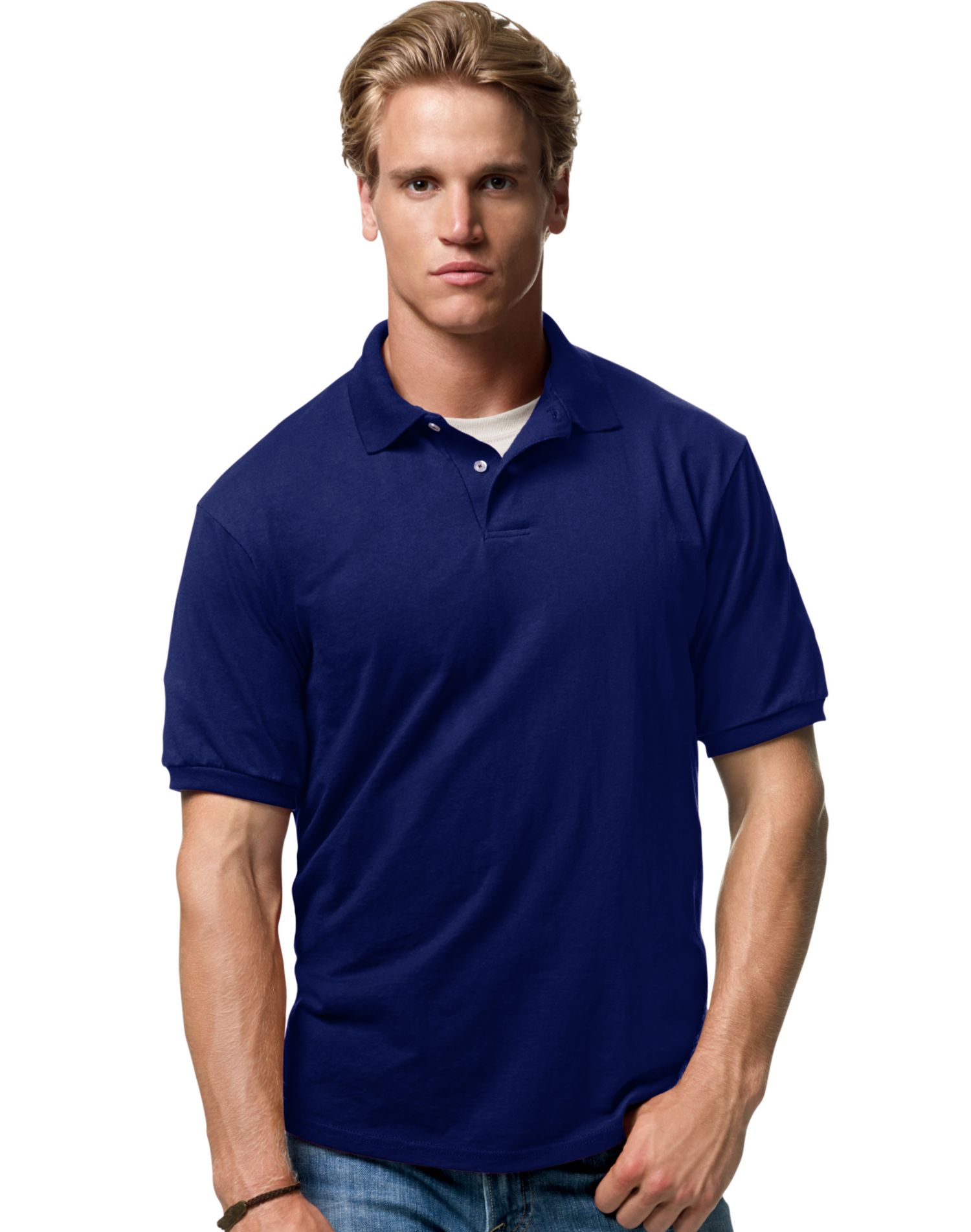Hanes Cotton-Blend Men`s Jersey Polo, M, Deep Navy