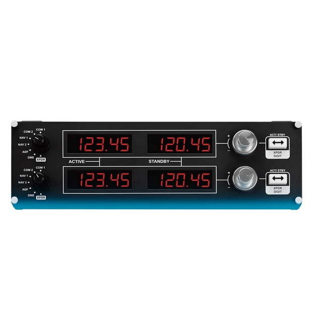 Logitech G Saitek Pro Flight Radio Panel Controller for PC with dual red digital displays showing active and standby radio frequencies, two silver rotary tuning knobs, and labeled switches for COM1/2, NAV1/2, ADF, DME, and XPDR, designed for flight simulation navigation control.