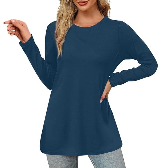 lcziwo Womens Loose Long Sleeve Shirts Solid Color Basic Tee Casual Round Neck Tunic Tops 2024 Fall Trendy Lightweight Blouses Top Deals Of The Day Navy