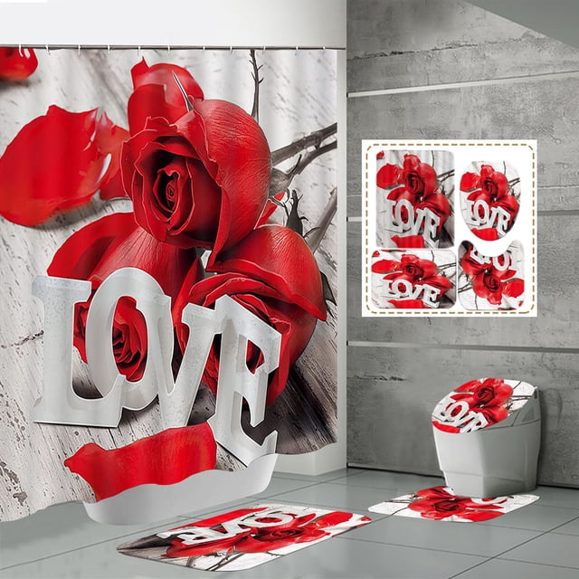 WIFKLSIIPG Nouvel Ensemble de Rideau de Douche Quatre Pièces en Polyester à Impression Numérique pour la Saint-Valentin