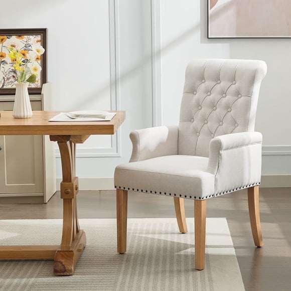 Chaise de Salle à Manger Rembourrée en Tissu avec Accoudoirs, Fauteuil d'Appoint à Dossier Haut Capitonné pour Café pour Cuisine, Salle à Manger, Salon, Beige