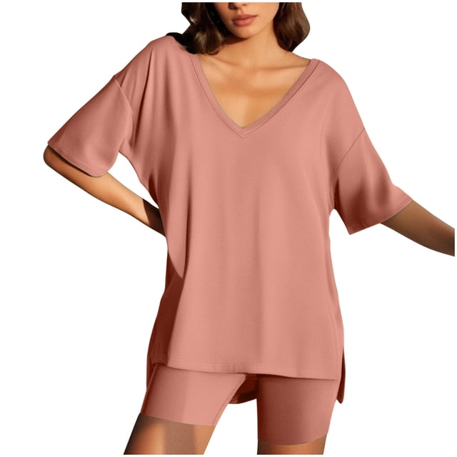 UPPADA Ensembles 2 Pcs pour Femmes Grande Taille Été Tuniques à Manches Courtes et Ensembles de Shorts Amples Ensembles de Pyjamas Ajustés Rouge Melon D\'eau,m