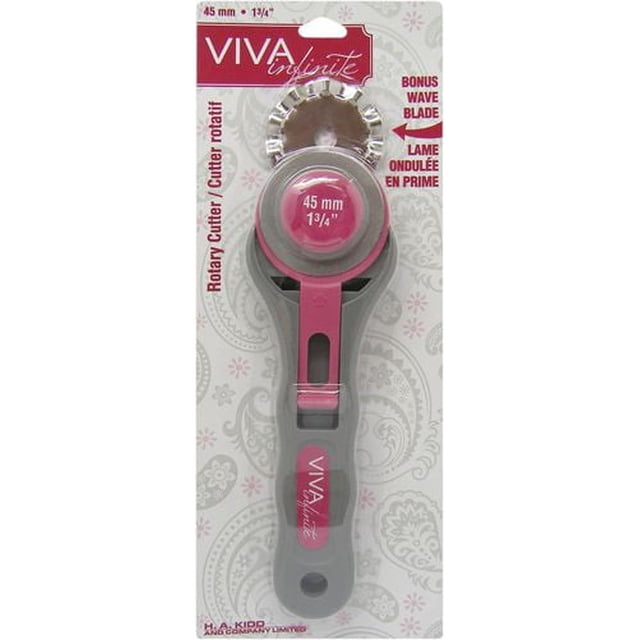 Viva Infinite Cutter Rotatif avec Lame de 45 mm et Lame Ondulée bonus, Doté d'Une Poignée Ergonomique Grise et Rose, Idéal pour la Courtepointe, la Couture à la Maison et les Projets d'Artisanat.