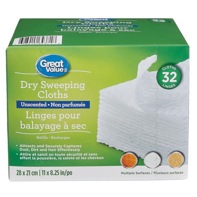 Great Value Unscented Dry Sweeping Cloths box with 32 white cloths stacked, sized 28 x 21 cm (11 x 8.25 in). Designed to capture dust, dirt, and hair on hardwood, tile, and vinyl floors, suitable as refills for most sweeper mops.