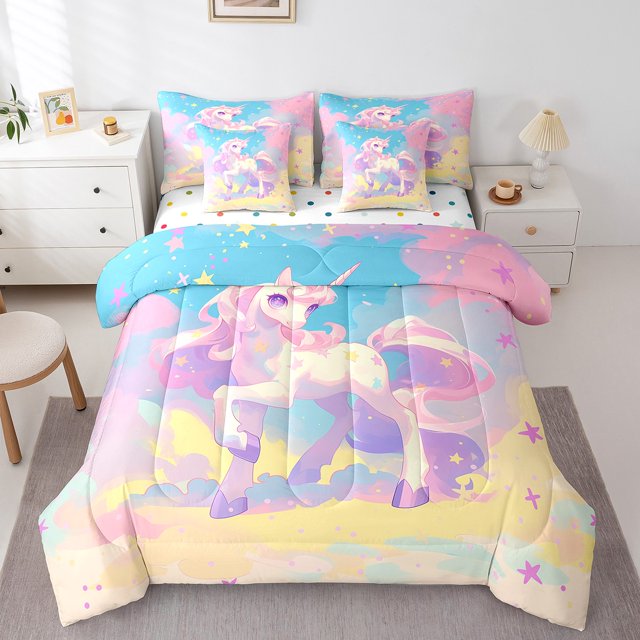 YST Unicorn Girls Bedding Set 7-Piece Pink Rainbow Unicorn Comforter Set, Full Size