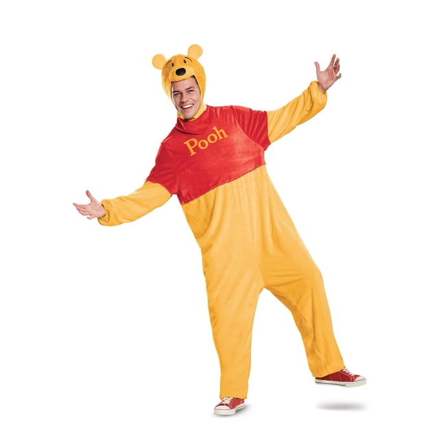 Winnie l'Ourson Costume de Luxe pour Adulte Comprenant une Combinaison en Velours Jaune avec un Haut Rouge Qui a « Pooh » Écrit Dessus, et une Capuche avec des Oreilles d'Ourson Douces et un Visage de Personnage Brodé. le Costume Est sous Licence Officielle et Comprend des Attaches Autoagrippantes pour un Enfilage Facile. Convient pour l'Halloween Ou les Événements à Thème.