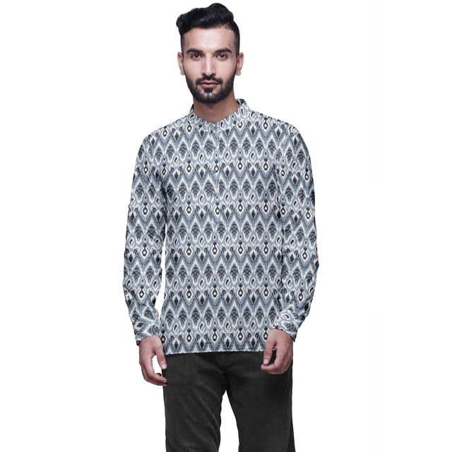 Atasi Kurta en Coton à Manches Longues à Revers pour Hommes Col Mandarin Chemise Ethnique Imprimée