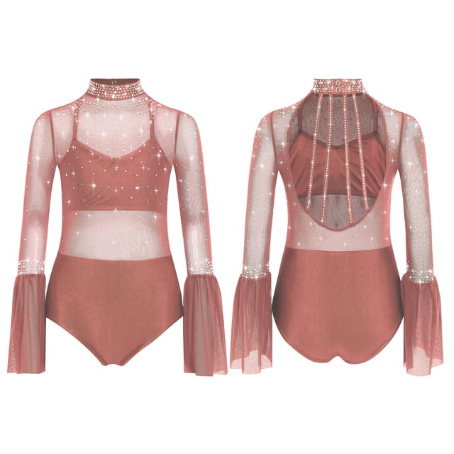 TSSOE Kids Girls Sparkly Rhinestone Dance Leotard Sheer Mesh Patchwork Bodysuit for Gymnastics Tumbling Dusty Pink 8