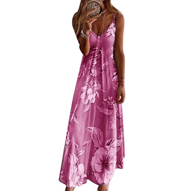 Bellella Robe Trapèze Sans Manches à Bretelles Col en V Longue Robe Maxi Sexy Imprimé Floral Quotidien Rose Rouge S