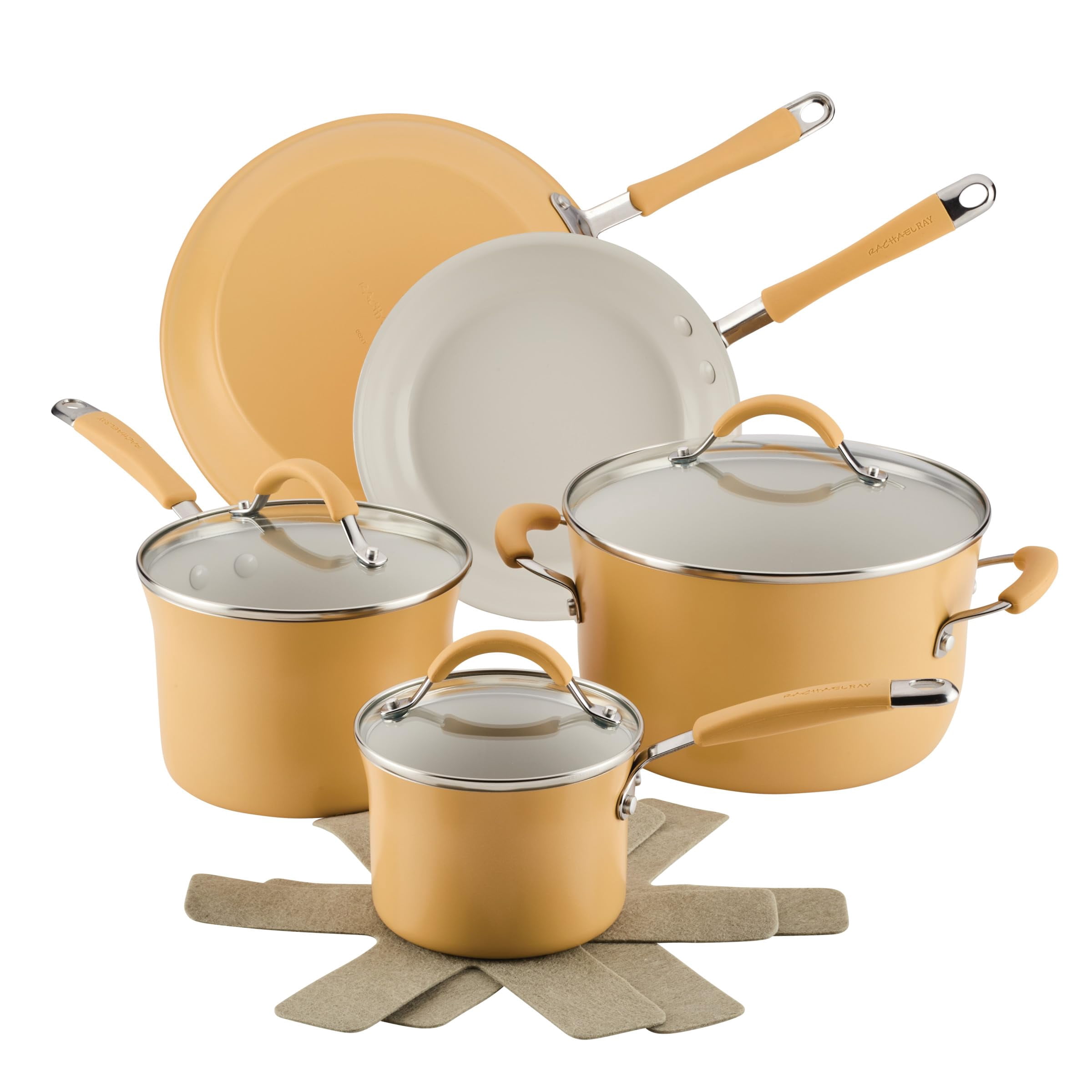 Rachael Ray Cucina Ceramic Nonstick Pots and Pans Set with Saucepans Frying Pans Stockpot Lids and Pan Protectors 10 Piece Non Stick Cookware Set Dishwasher Safe - Turmeric Yellow