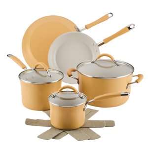 Rachael Ray Cucina Céramique antiadhésif Pots et casseroles avec casseroles Pans à frire Lids et protège-pans 10 Pièce non bâton Cuissagère Set Lave-vaisselle Safe - Jaune Turcuma