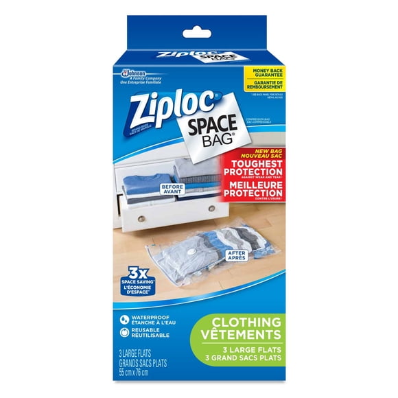 Ziploc Space Bag Vacuum Bags Clothing Flat Large, 3 Bags