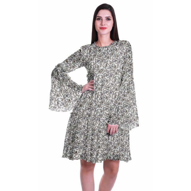 Moomaya Robe d'Été Fluide à Manches Longues Imprimée pour Femmes, Longueur Genou, Évasée