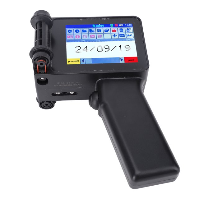 Handheld Inkjet Printer with HD LED 4.3-inch touch screen, ergonomic handle, and black finish. Portable printer designed for high-resolution printing of barcodes, logos, and text on materials like wood, metal, and plastic. Includes USB cable, stylus pen, and accessories. Cartridges sold separately.