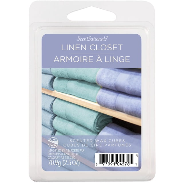 ScentSationals Cubes de Cire Parfumée - Linge de Garde-Robe dans un Emballage à Coquille en Plastique Transparent avec une Étiquette Montrant des Serviettes Pliées Bleues et Sarcelle sur des Étagères en Bois, Pesant 70,9 g (2,5 oz). Ces Fondants de Cire Libèrent un Parfum d'Ambiance Apaisant pour la Maison Lorsqu'ils Sont Réchauffés dans un Chauffe-Cire Électrique.