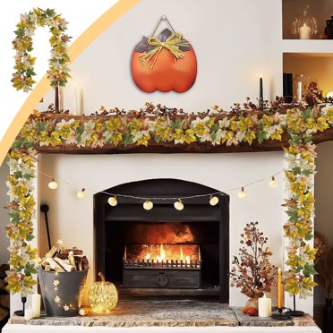 TopLLC Halloween Thanksgiving Decorations Artificial Leaf Garland Rattan Hanging Pumpkin Maple Leaf Garland Indoor Home Halloween Christmas Party Fireplace Decorations Plasti c Maple Leaf Rattans