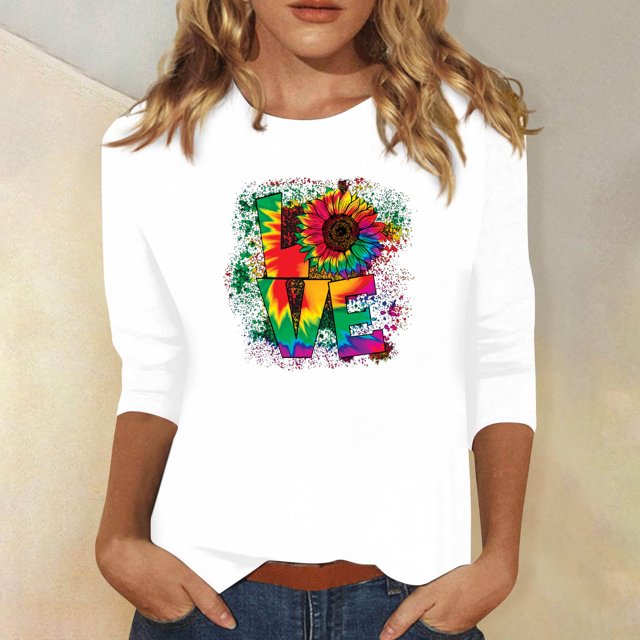 Qertyioot Cadeau de Saint-Valentin pour Femmes, Mode Manches Trois-Quarts Col Rond Rétro Imprimé de Noël Haut Ample Blouse Manches Trois-Quarts