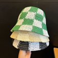 thumbnail image 2 of LinYooLi Straw Bucket Hat for Women Plaid Patchwork Crochet Fisherman Hat Outdoor Sun Protection Hollow Ladies Bucket Cap, 2 of 8