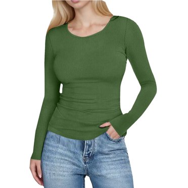 T-shirts à Manches Longues Côtelés pour Femmes, Encolure Dégagée, Coupe Ajustée, T-Shirt Basique, Tenues Décontractées d'Automne, sous-Blouses, Couches, Vêtements, Confortable, T-Shirt Essentiel pour Sorties, pour le Quotidien