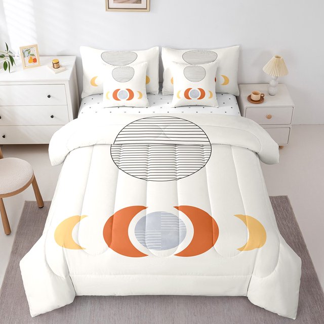 Ensemble de couette de lune abstraite du milieu du siècle YST 7 pièces, Twin, literie esthétique blanche