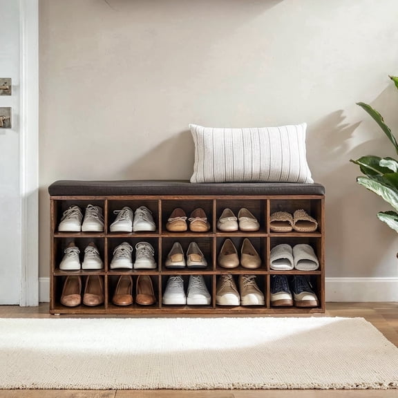 LEDREM Banc à Chaussures d'Entrée avec Rangement, Organisateur à 15 Compartiments avec Coussin Amovible, Capacité de 440 lb, Brun