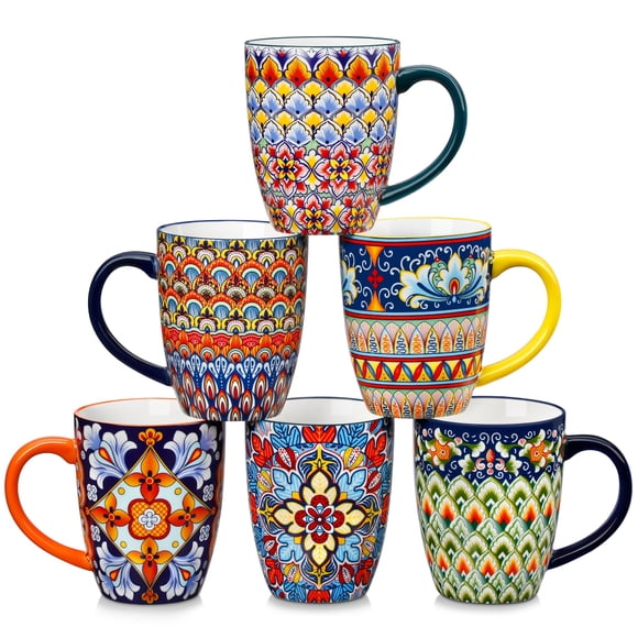 vancasso 16 oz Coffee Mugs Set of 6, Large Ceramic Mug with Handle, Boho Coffee Cups for Latte, Cappuccino & Hot Chocolate, Dishwasher & Microwave Sa